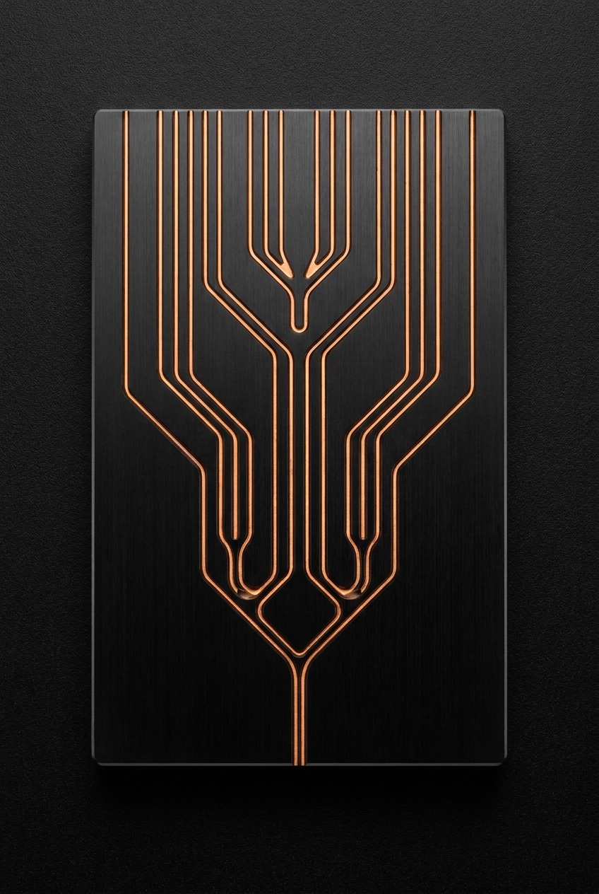 Bovenaanzicht van vertakkende rekenbanen gefreesd in zwart metaal, samenkomend in &eacute;&eacute;n kanaal