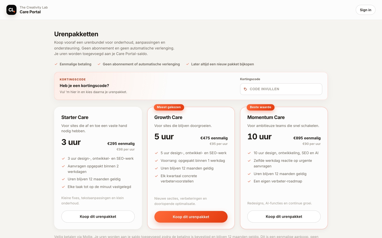 De pakkettenpagina van het Care Portal: drie urenpakketten met wat er in elk zit en een Mollie-afrekenknop