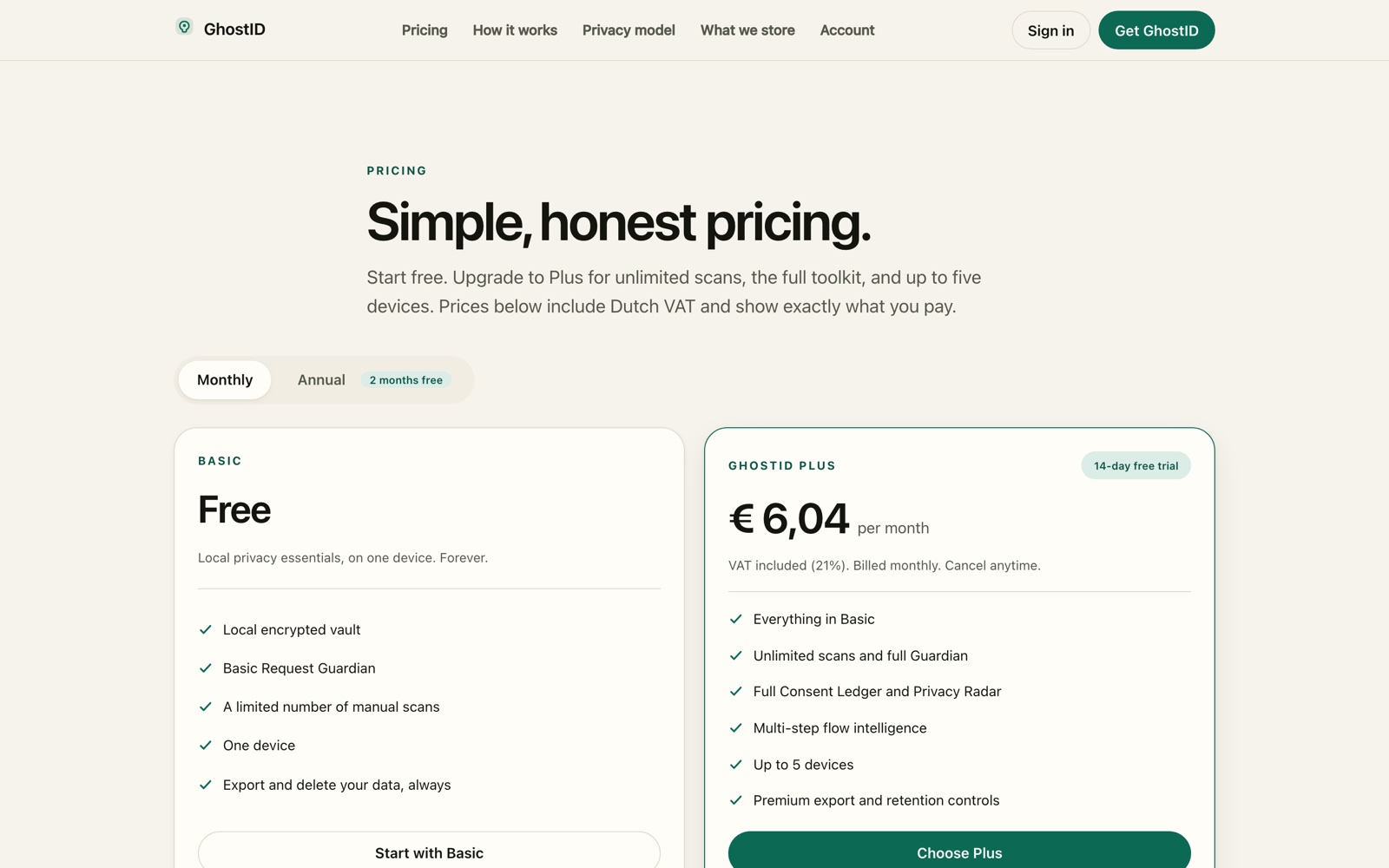 De prijzenpagina van GhostID: een gratis Basic-plan naast Plus, inclusief btw, geen trackers