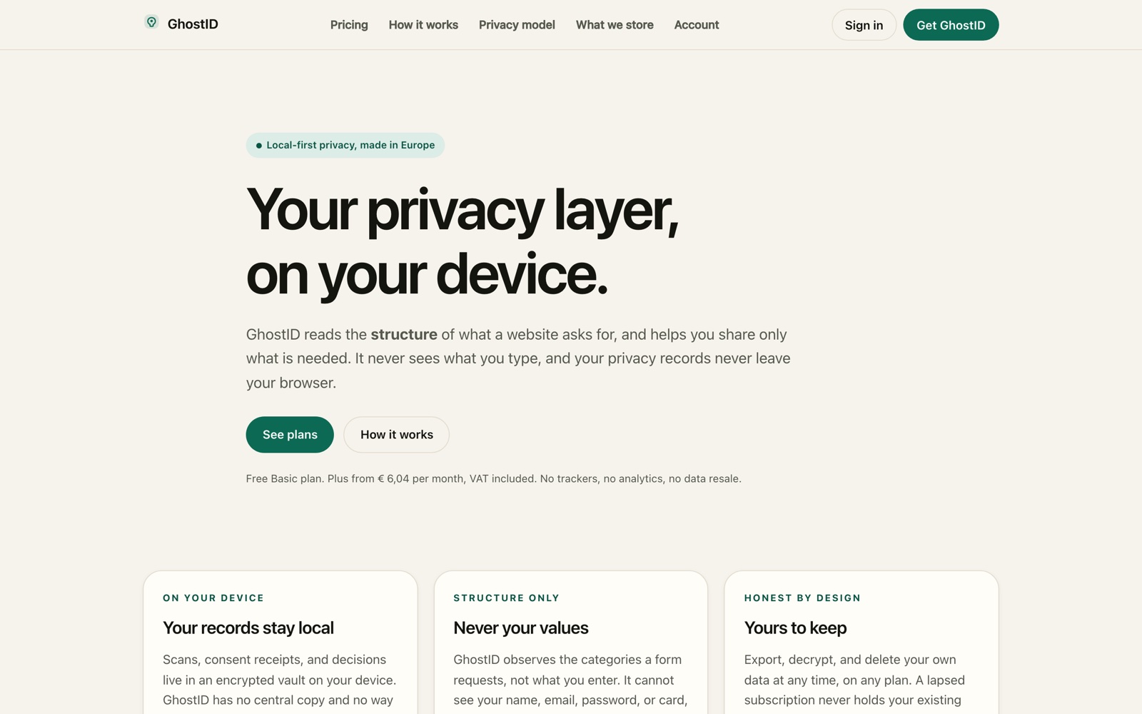 De home van de GhostID-accountapp: je privacylaag, op je eigen apparaat, met uitleg van het plan en het privacymodel