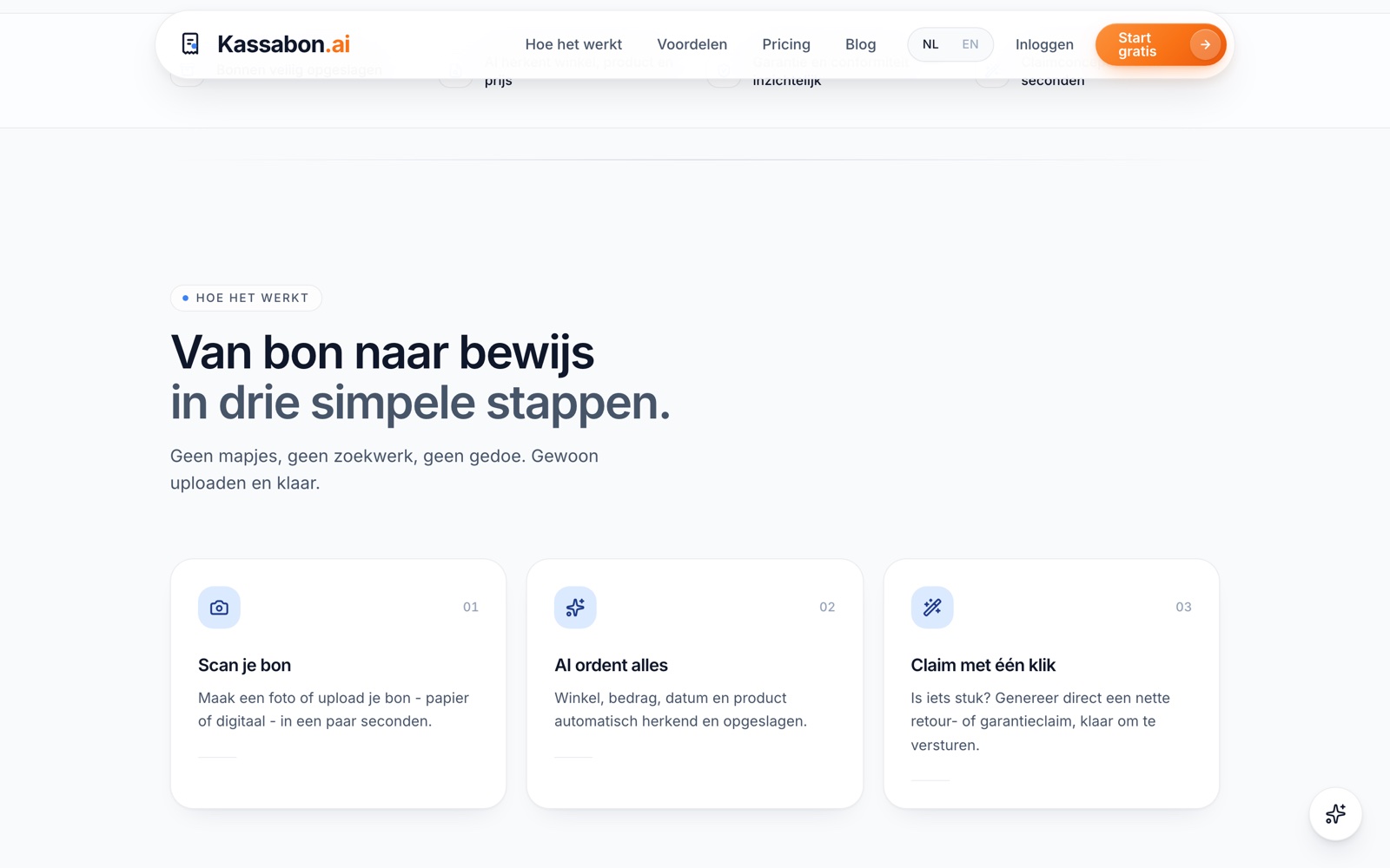 Verderop op de homepage van Kassabon.ai: hoe het product werkt, stap voor stap