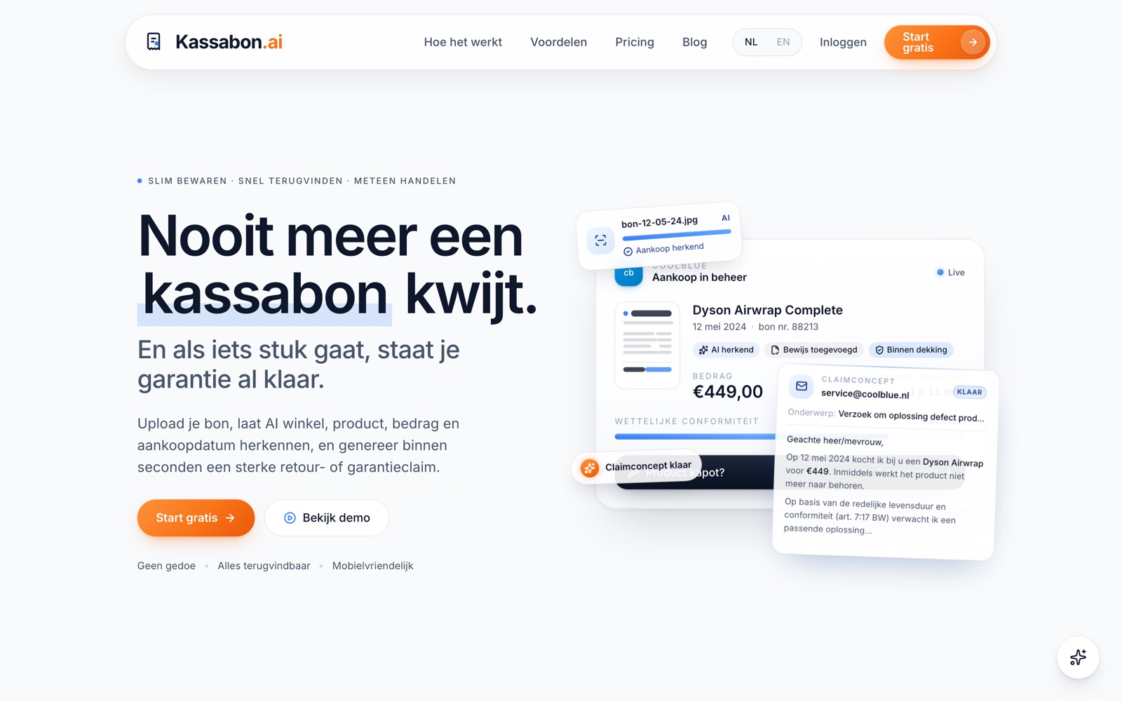 De homepage van Kassabon.ai: een gescande bon omgezet in een aankoopregistratie met garantiestatus en een voorbereide claimbrief