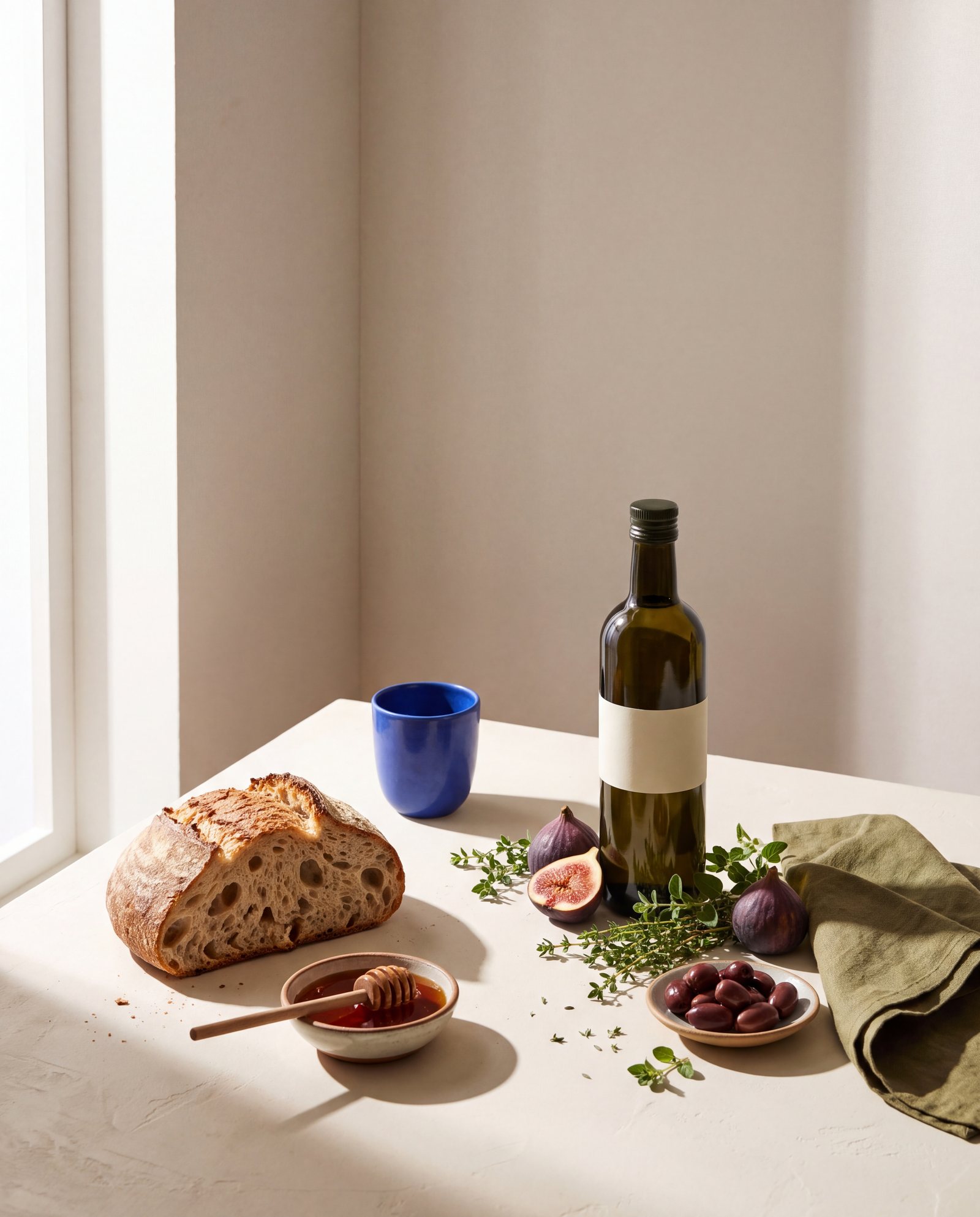 Een gescheurd brood, een schaaltje amberkleurige honing, olijven, vijgen, tijm en een fles olijfolie op een warm witte tafel in hard zijlicht, met &eacute;&eacute;n kobaltblauwe kop.