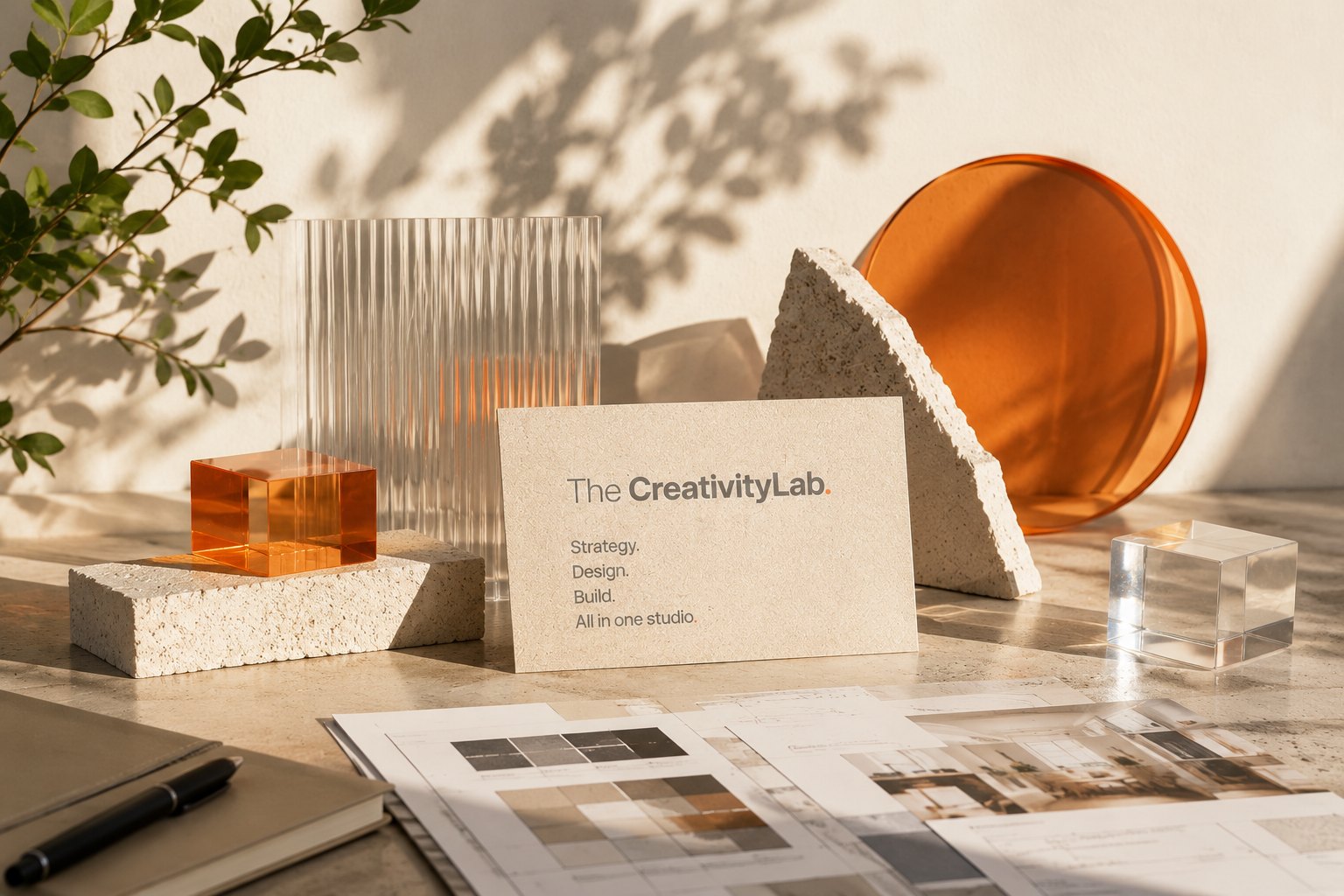 Een stilleven in de studio in warm licht: een kaart van The Creativity Lab met Strategie, Ontwerp, Bouw, alles in &eacute;&eacute;n studio, gestut tussen een stenen wig, een amberkleurige glazen schijf en kubus, een helder glazen blok, geribbeld glas en gedrukte layouts.