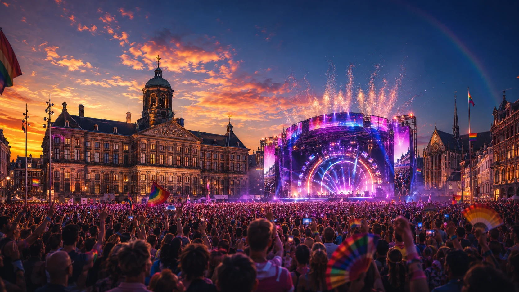 Het podium van MainStage Pride Amsterdam in de schemering, lichten aan, publiek ervoor.