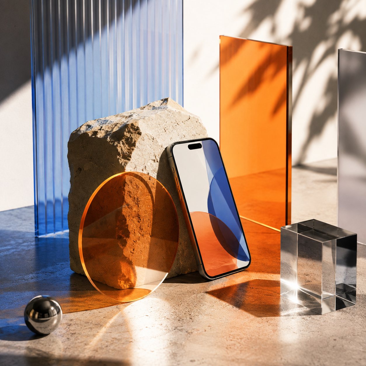 Een telefoon die tegen een blok steen leunt tussen een amberkleurige schijf en blauwe en oranje glaspanelen in de zon.