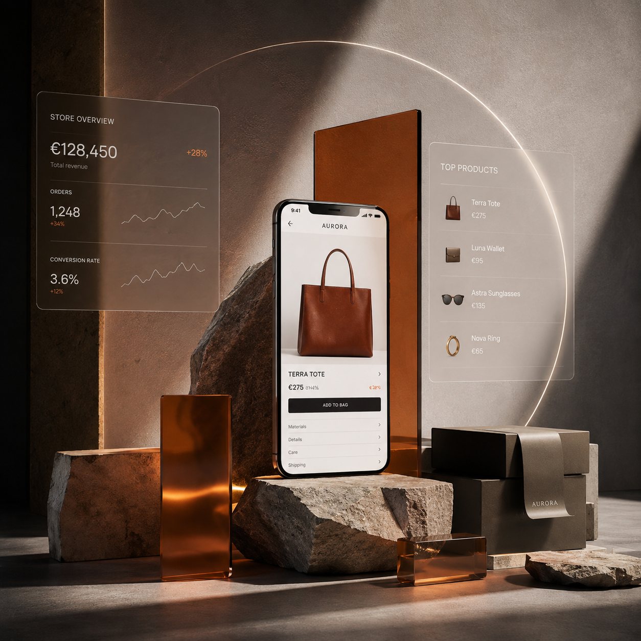 Een telefoon met een leren tas op het scherm in een kleine winkel, tussen steen, amberkleurig glas en gestapelde cadeaudozen.