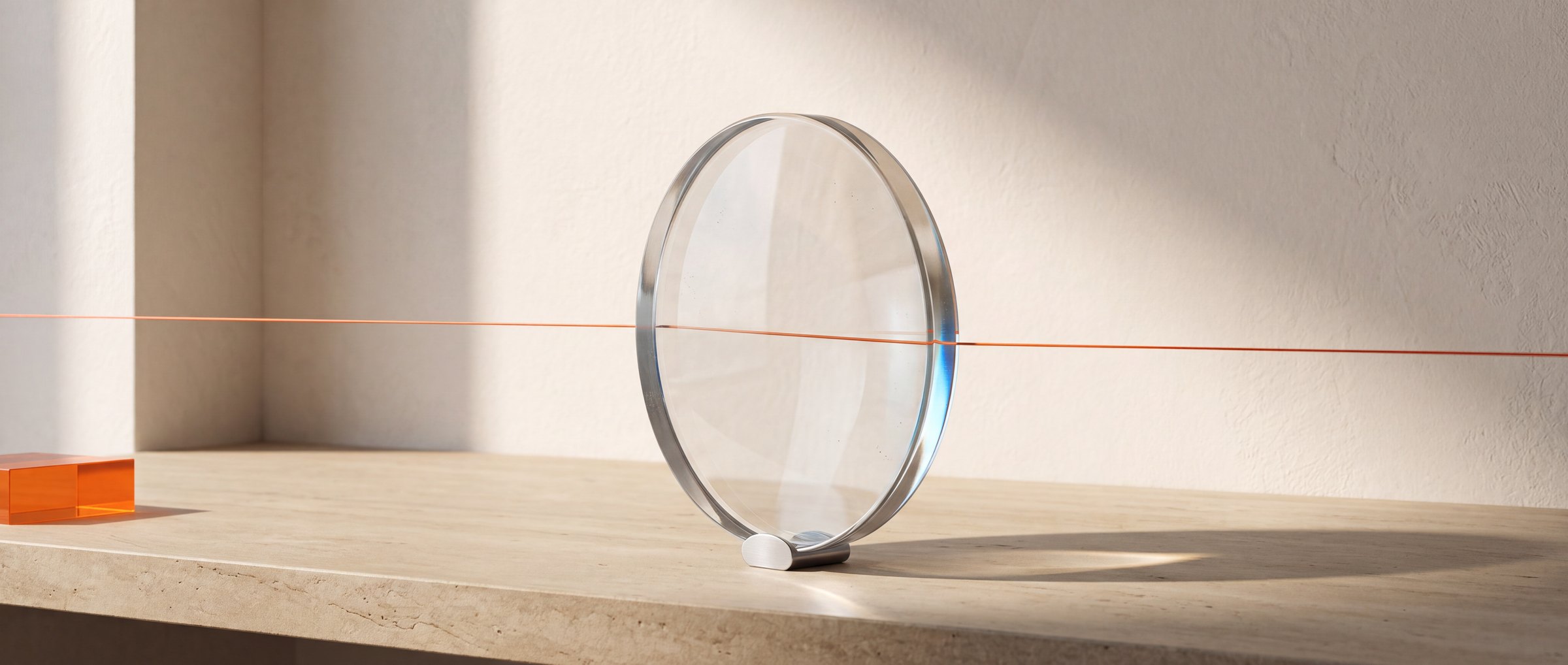 E&eacute;n dunne oranje lijn die ononderbroken over een warme kalkstenen tafel loopt, dwars door een grote heldere glazen lens op een klein aluminium voetje, in zacht daglicht tegen een cr&egrave;mekleurige stucmuur.